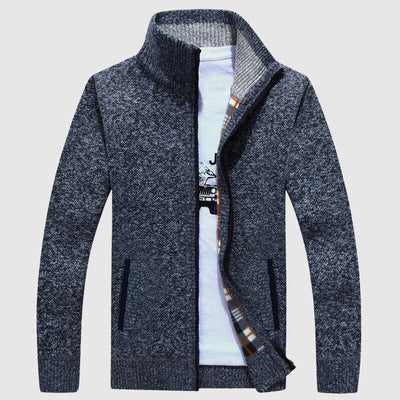 Men’s Zip-Up Cardigan - High Collar - Textured Knit - Warm Plaid Lining - Ribbed Cuffs