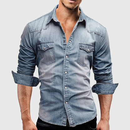 Men's long-sleeved denim shirt with button closure