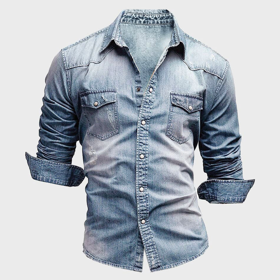Men’s Denim Shirt - Tailored Fit - Long Sleeve Button-Up - Chest Pockets Durable Casual Wear