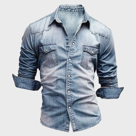 Men’s Denim Shirt - Tailored Fit - Long Sleeve Button-Up - Chest Pockets Durable Casual Wear