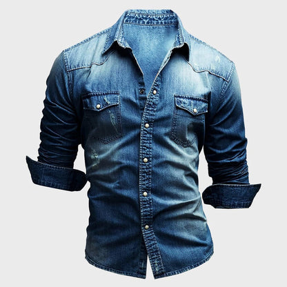 Men’s Denim Shirt - Tailored Fit - Long Sleeve Button-Up - Chest Pockets Durable Casual Wear