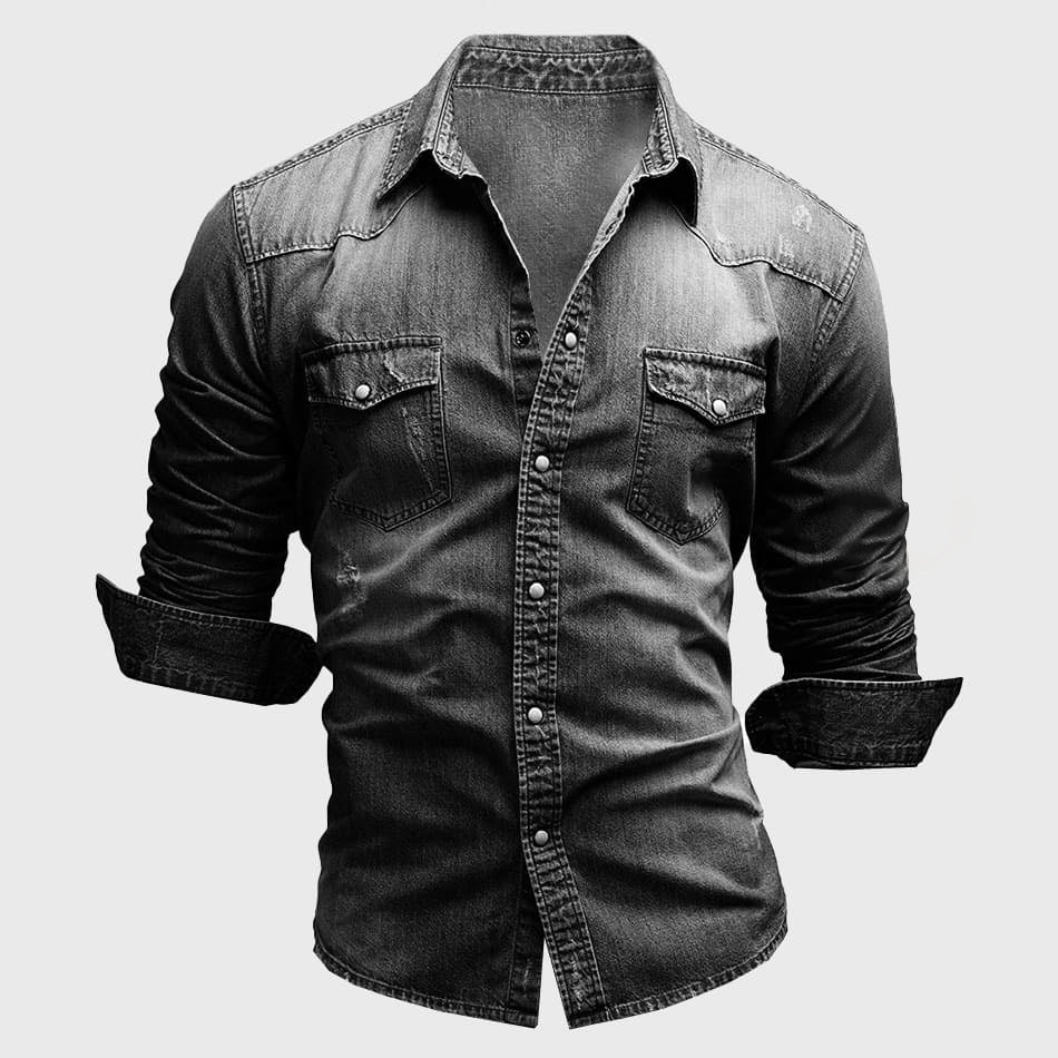 Men’s Denim Shirt - Tailored Fit - Long Sleeve Button-Up - Chest Pockets Durable Casual Wear