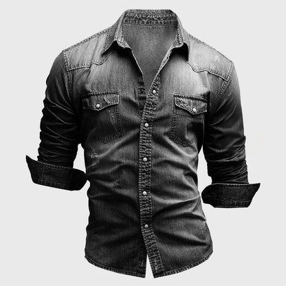 Men’s Denim Shirt - Tailored Fit - Long Sleeve Button-Up - Chest Pockets Durable Casual Wear