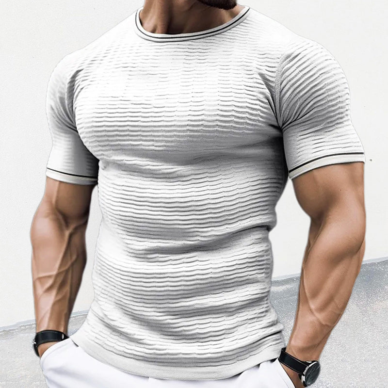 Men’s Fitted Knit Shirt - Ribbed Stretch Fabric - Short Sleeve Crew Neck Casual Wear