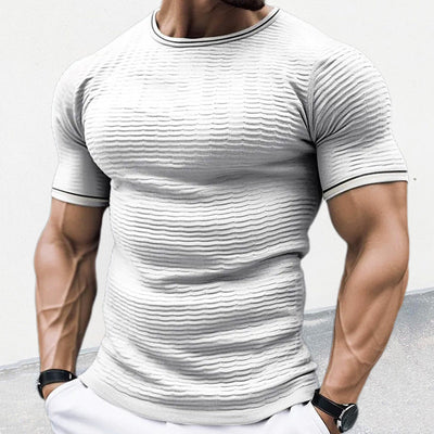 Men’s Fitted Knit Shirt - Ribbed Stretch Fabric - Short Sleeve Crew Neck Casual Wear