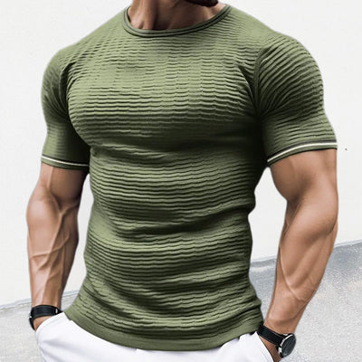 Men’s Fitted Knit Shirt - Ribbed Stretch Fabric - Short Sleeve Crew Neck Casual Wear