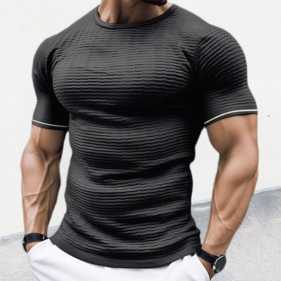 Men’s Fitted Knit Shirt - Ribbed Stretch Fabric - Short Sleeve Crew Neck Casual Wear