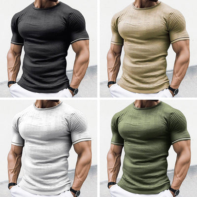 Men’s Fitted Knit Shirt - Ribbed Stretch Fabric - Short Sleeve Crew Neck Casual Wear