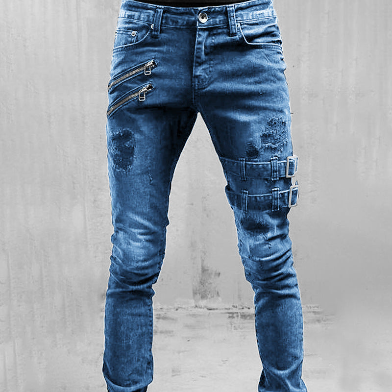 Men's buckled punk vintage denim jeans