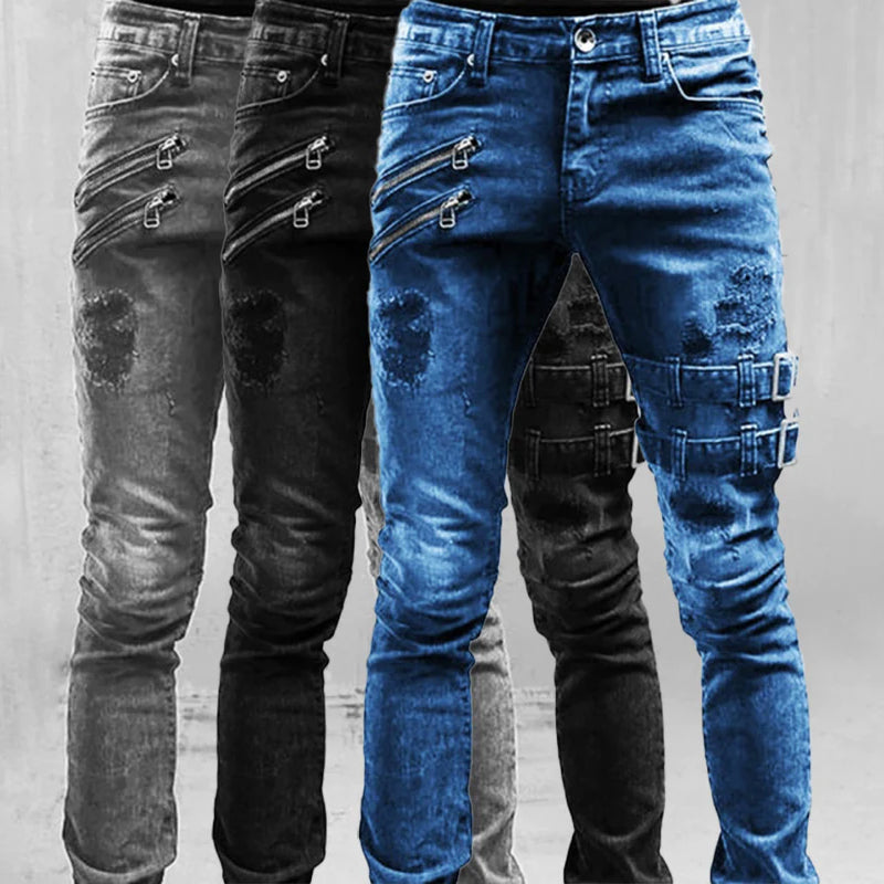 Men's buckled punk vintage denim jeans