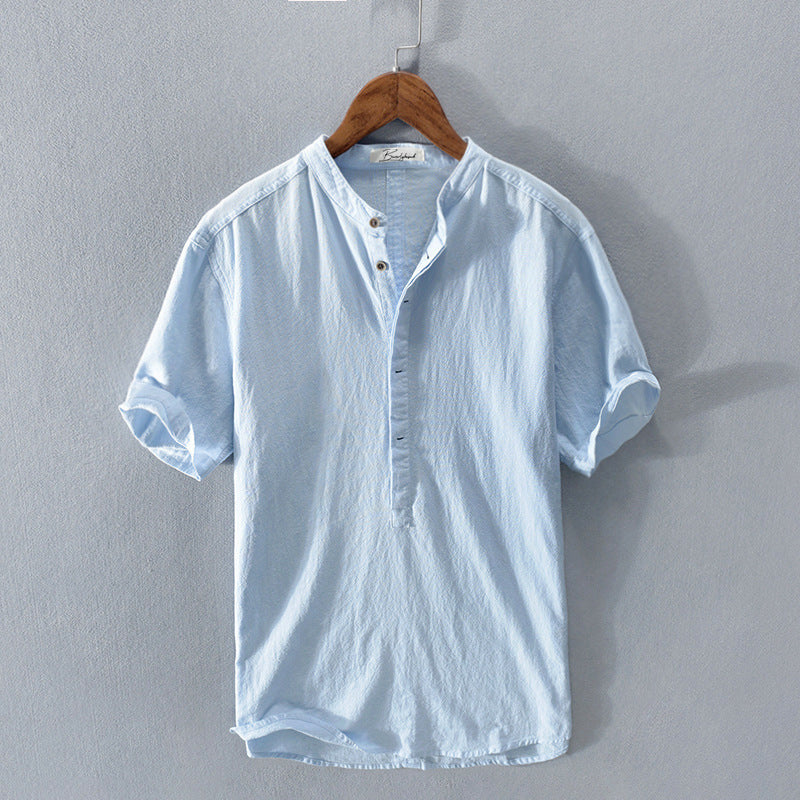 Men’s Henley Shirt - Mandarin Collar - Short Sleeve - Lightweight Casual Wear