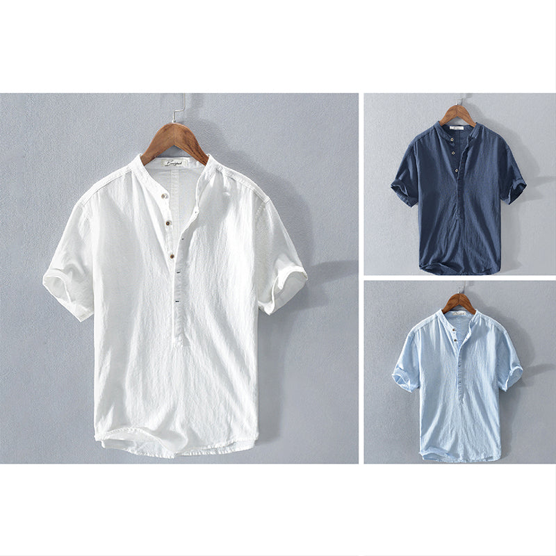 Men’s Henley Shirt - Mandarin Collar - Short Sleeve - Lightweight Casual Wear