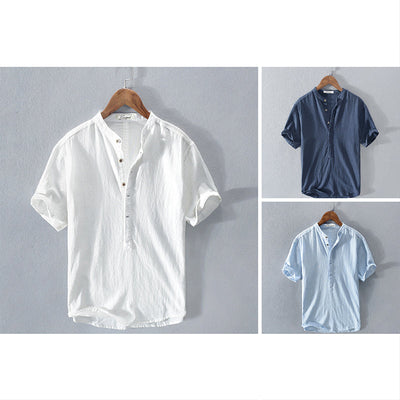 Men’s Henley Shirt - Mandarin Collar - Short Sleeve - Lightweight Casual Wear