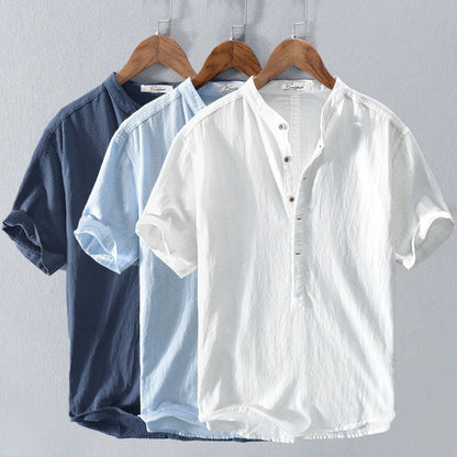 Men’s Henley Shirt - Mandarin Collar - Short Sleeve - Lightweight Casual Wear