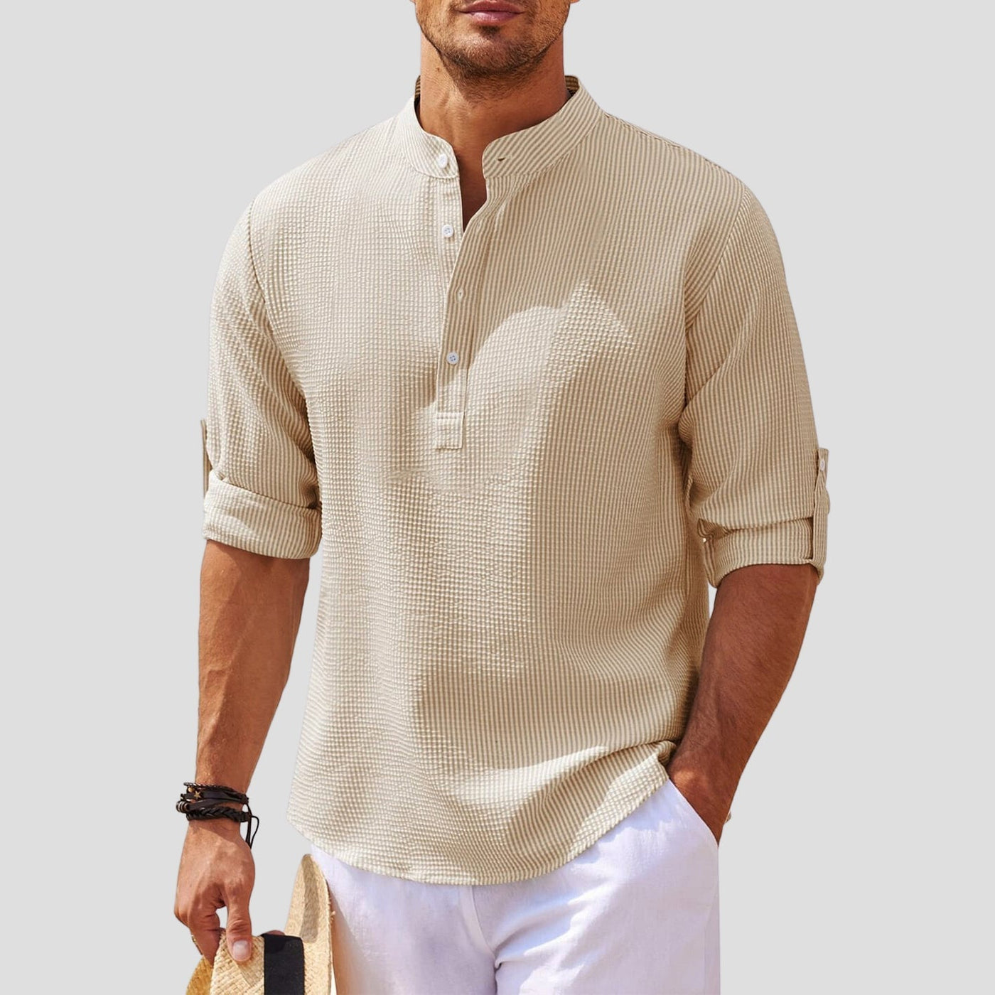Men’s Henley Shirt - Mandarin Collar - Long Sleeve - Breathable Relaxed Fit
