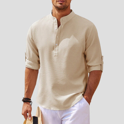 Men’s Henley Shirt - Mandarin Collar - Long Sleeve - Breathable Relaxed Fit