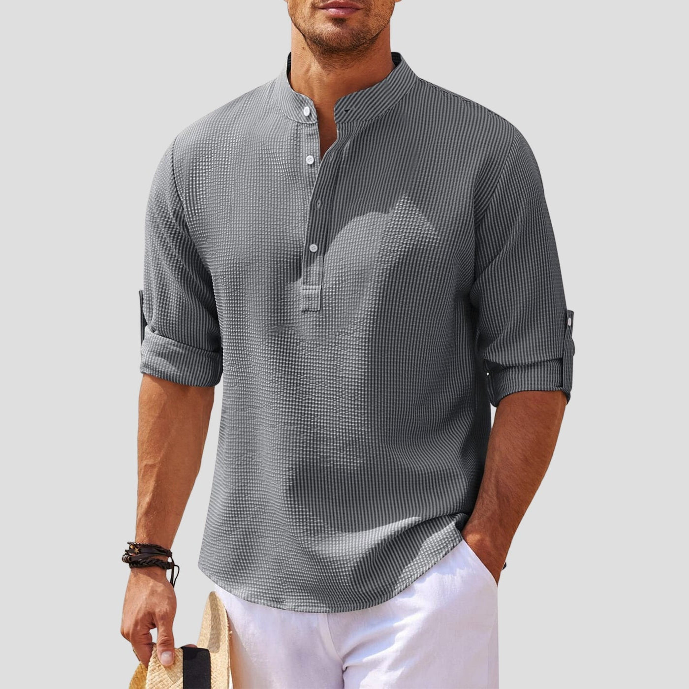 Men’s Henley Shirt - Mandarin Collar - Long Sleeve - Breathable Relaxed Fit