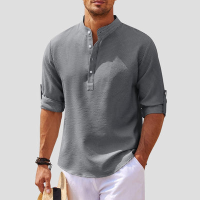 Men’s Henley Shirt - Mandarin Collar - Long Sleeve - Breathable Relaxed Fit