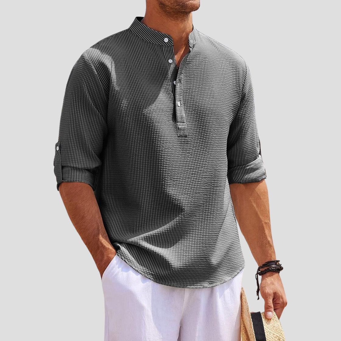 Men’s Henley Shirt - Mandarin Collar - Long Sleeve - Breathable Relaxed Fit