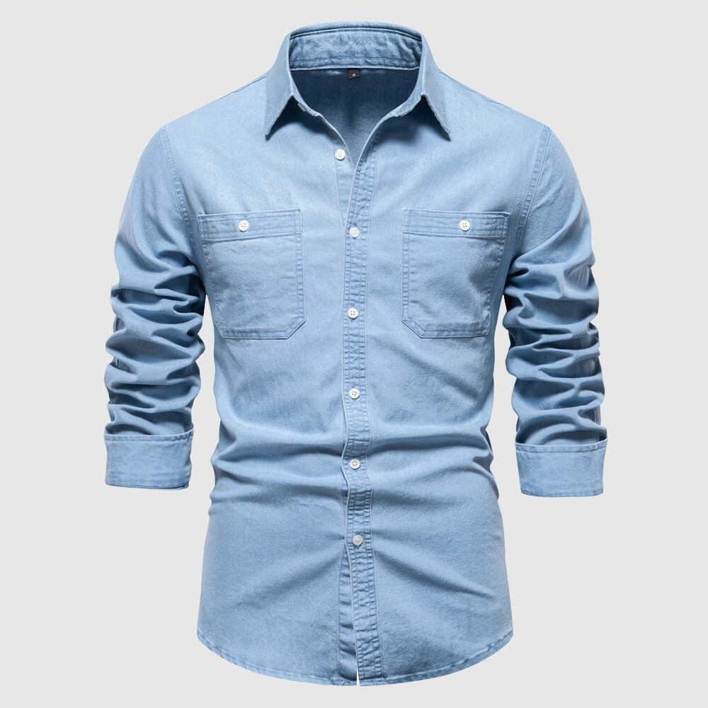 Men’s Denim Shirt - Button-Down - Long Sleeve - Tailored Fit - Chest Pockets
