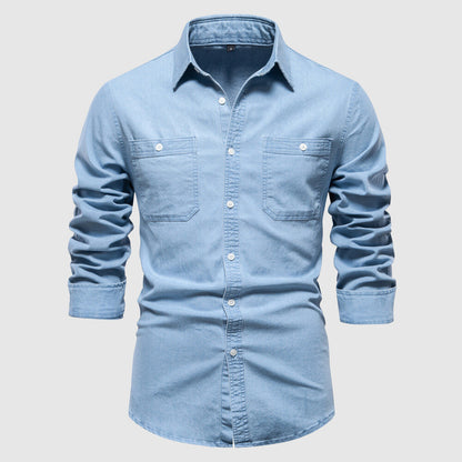 Men’s Denim Shirt - Button-Down - Long Sleeve - Tailored Fit - Chest Pockets