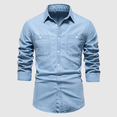 Men’s Denim Shirt - Button-Down - Long Sleeve - Tailored Fit - Chest Pockets