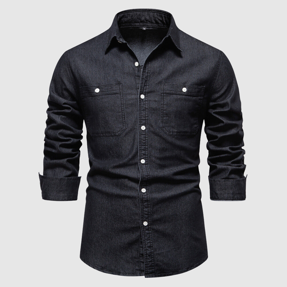 Men’s Denim Shirt - Button-Down - Long Sleeve - Tailored Fit - Chest Pockets