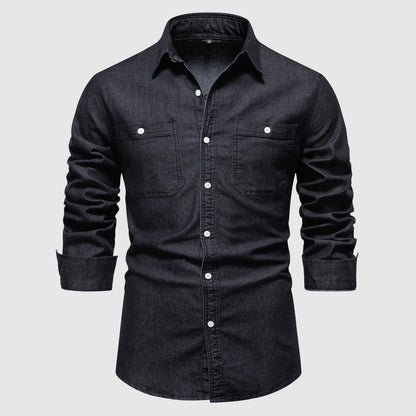 Men’s Denim Shirt - Button-Down - Long Sleeve - Tailored Fit - Chest Pockets