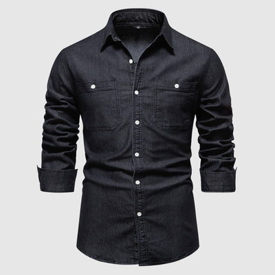 Men’s Denim Shirt - Button-Down - Long Sleeve - Tailored Fit - Chest Pockets