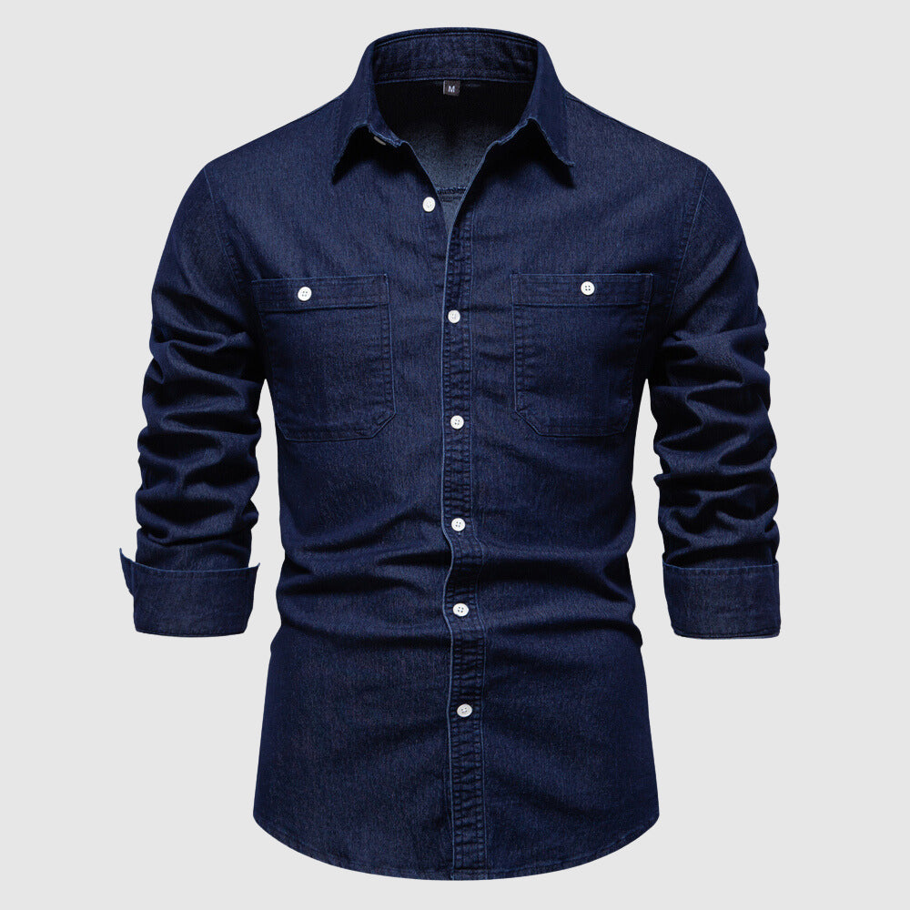 Men’s Denim Shirt - Button-Down - Long Sleeve - Tailored Fit - Chest Pockets