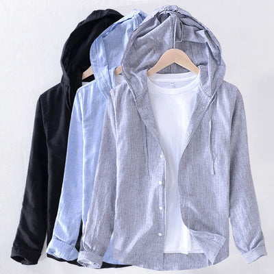 Men’s Hooded Button-Up Shirt - Long Sleeve - Lightweight Casual Wear