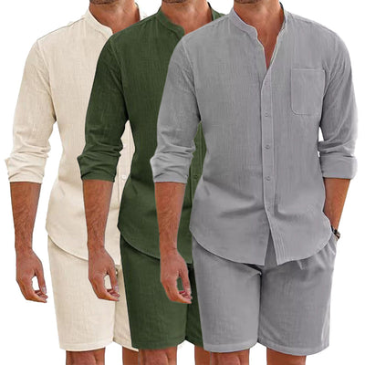 Men’s Henley Shirt and Shorts Set - Lightweight Cotton Linen - Relaxed Fit