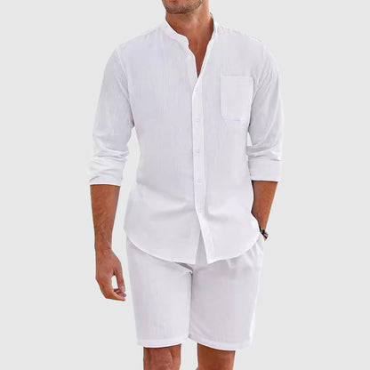 Men's long sleeve button down shirt and shorts set