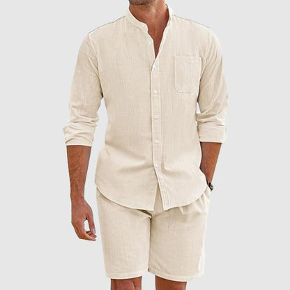 Men's long sleeve button down shirt and shorts set