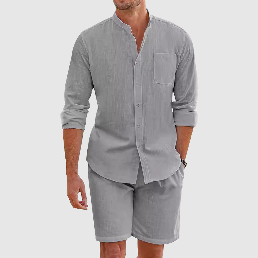 Men's long sleeve button down shirt and shorts set