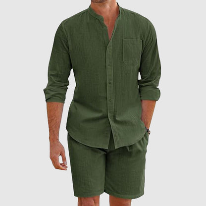 Men's long sleeve button down shirt and shorts set