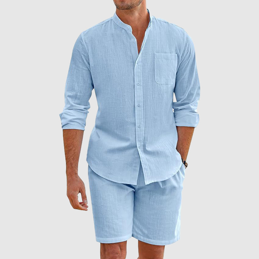 Men's long sleeve button down shirt and shorts set