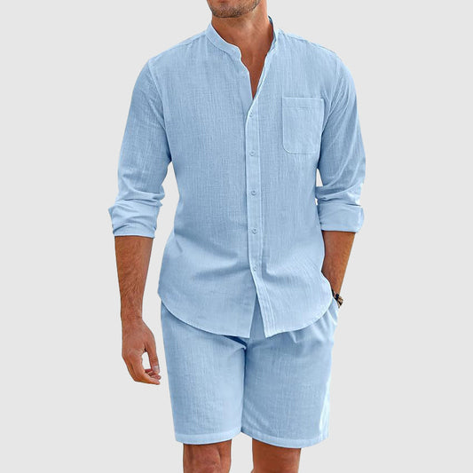 Men’s Henley Shirt and Shorts Set - Lightweight Cotton Linen - Relaxed Fit