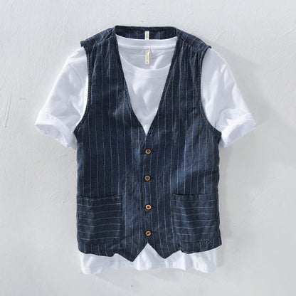 Men's linen look striped vest jacket