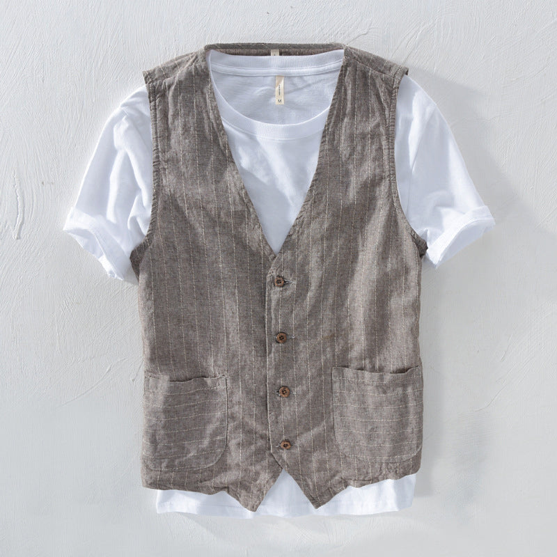 Men's linen look striped vest jacket