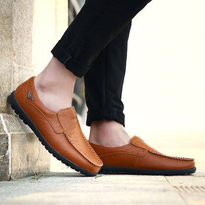 Men’s Leather Loafers - Slip-On - Moc Toe Stitching - Durable Rubber Sole