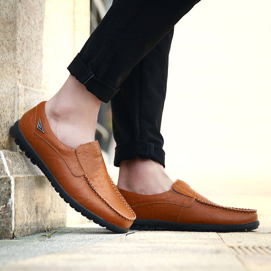 Men’s Leather Loafers - Slip-On - Moc Toe Stitching - Durable Rubber Sole