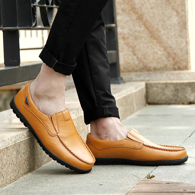 Men’s Leather Loafers - Slip-On - Moc Toe Stitching - Durable Rubber Sole