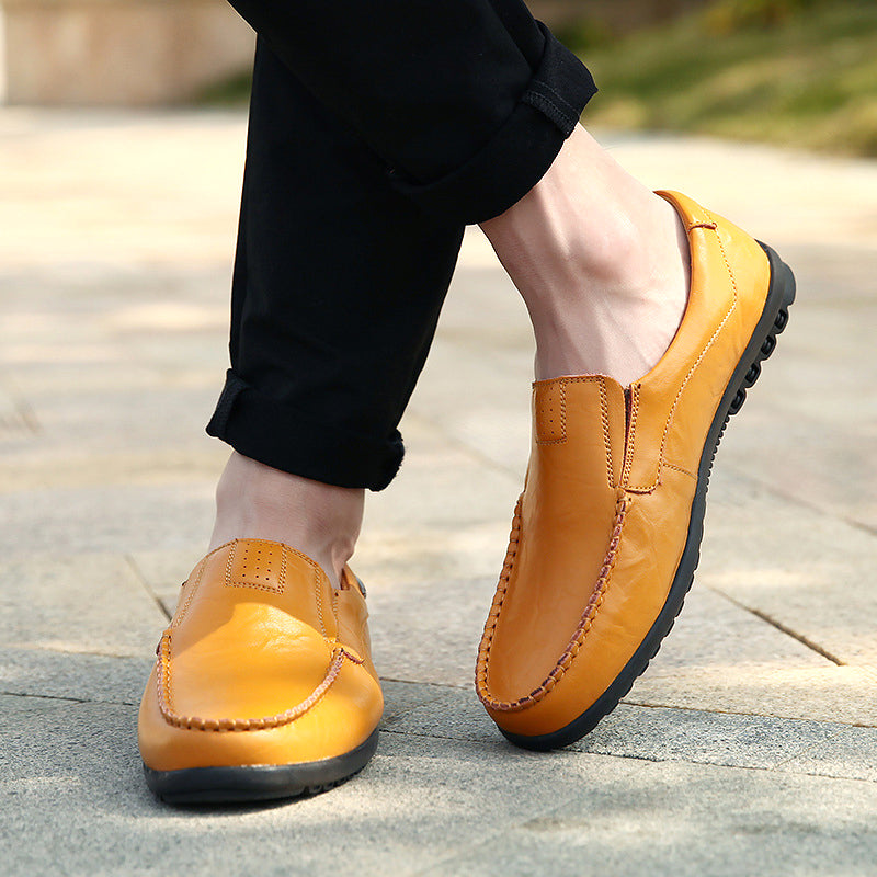 Men’s Leather Loafers - Slip-On - Moc Toe Stitching - Durable Rubber Sole