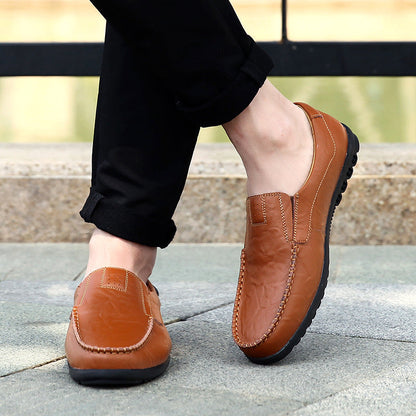 Men’s Leather Loafers - Slip-On - Moc Toe Stitching - Durable Rubber Sole