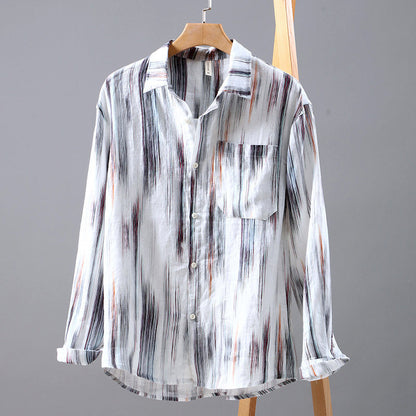 Men's abstract print long-sleeve linen shirt