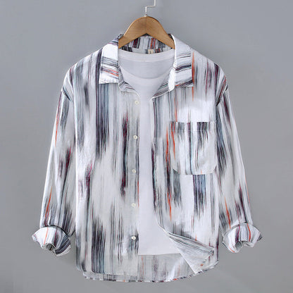 Men's abstract print long-sleeve linen shirt