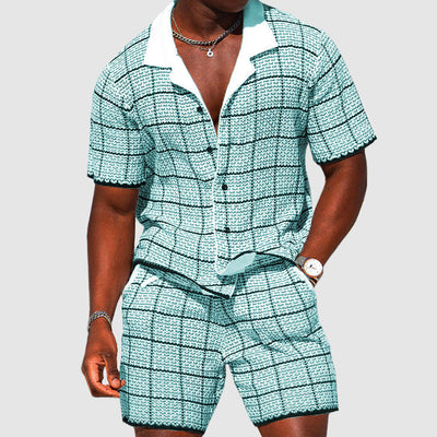 Men's Two-Piece Outfit - Short-Sleeve Button-Up Shirt & Shorts - Checkered Casual Fit