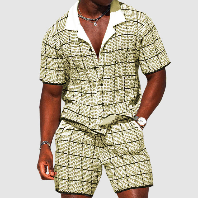 Men's Two-Piece Outfit - Short-Sleeve Button-Up Shirt & Shorts - Checkered Casual Fit