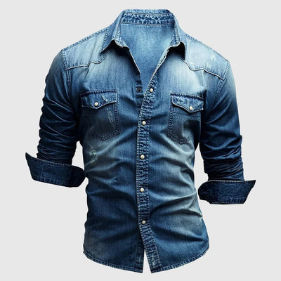 Men’s Denim Shirt - Slim Fit - Long Sleeve - Button-Up Western Style Casual Wear